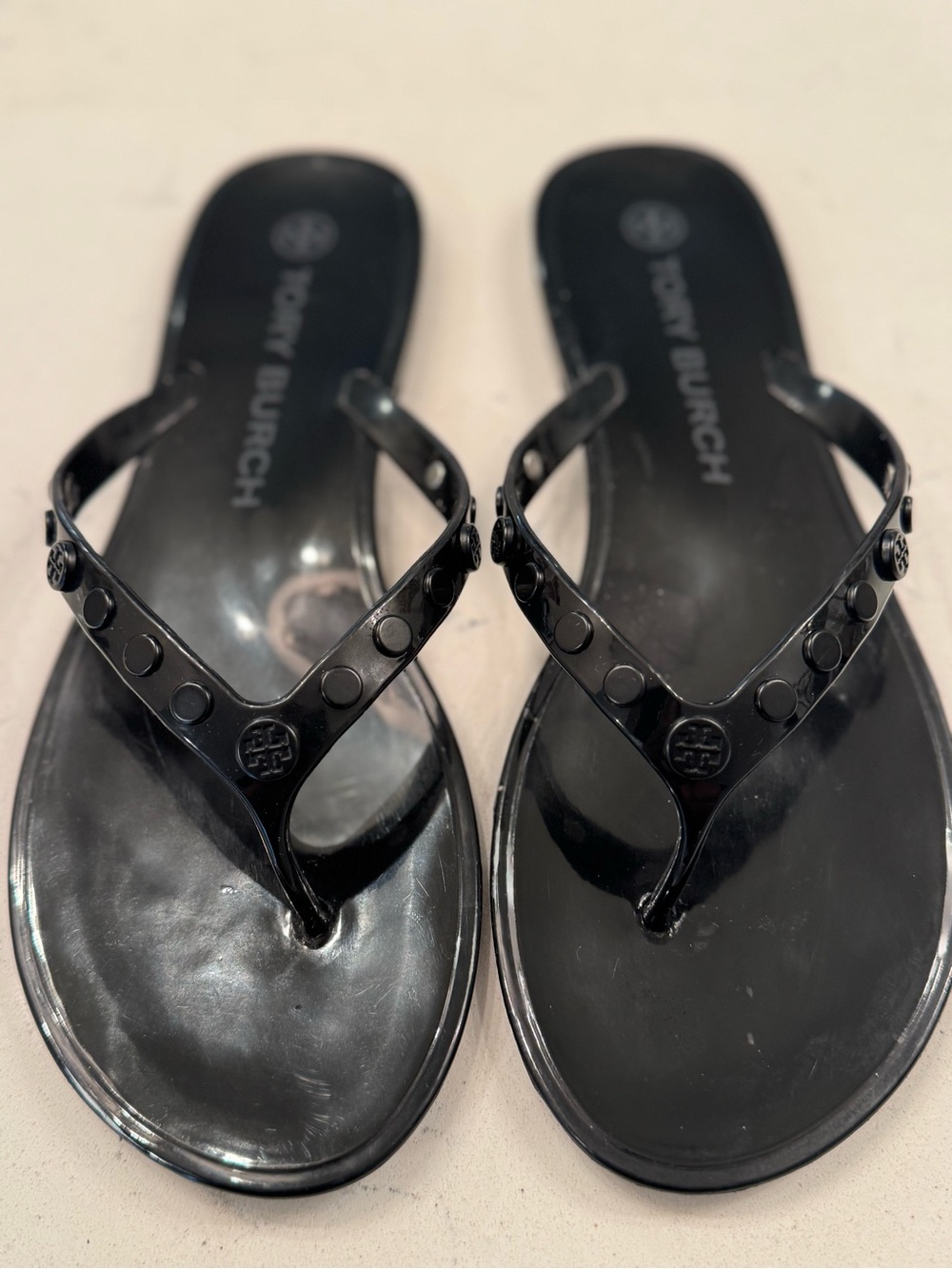 Tory Burch Black Patent Logo Jelly Thong Sandals